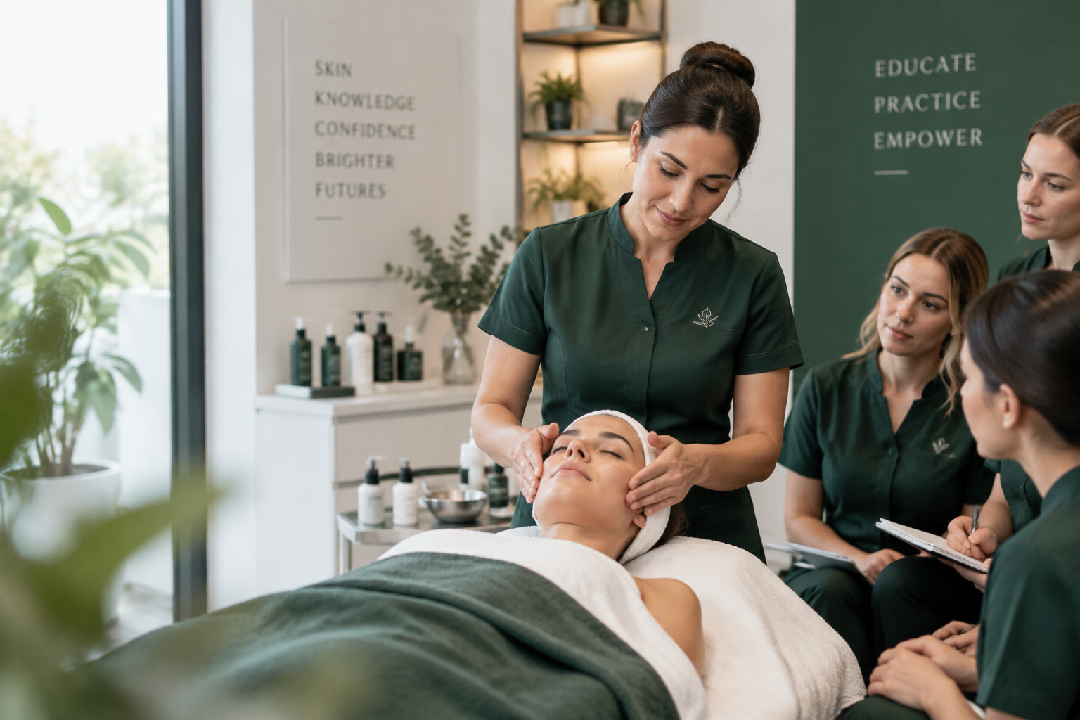 Docent demonstreert een huidverbeteringstechniek aan cursisten in een beautyacademie